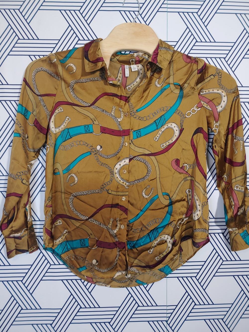 Womens Vintage Equestrian silky gold grandma old money Button Down Size L